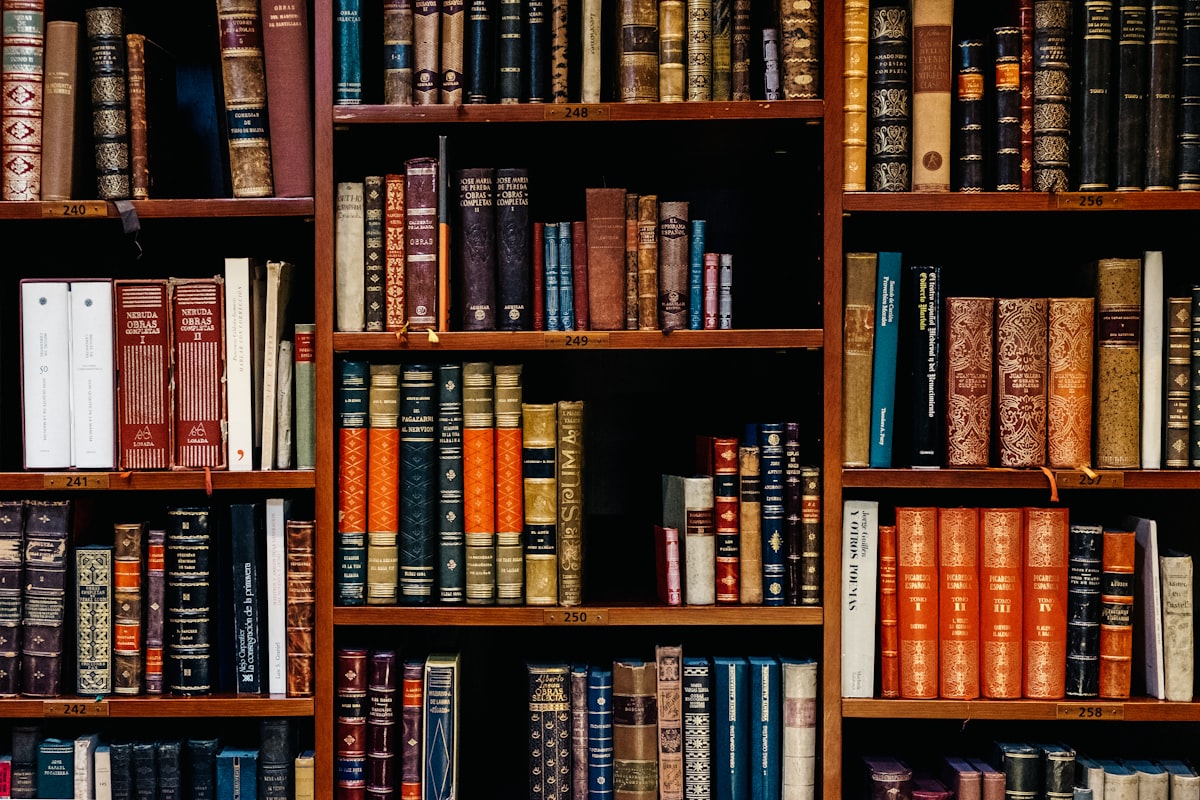 Rows of bound law reports on library shelves